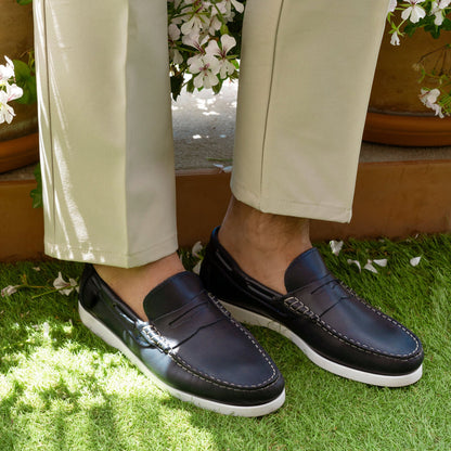 Mocassins Bateau 02 avec Bandine en Cuir Bleu